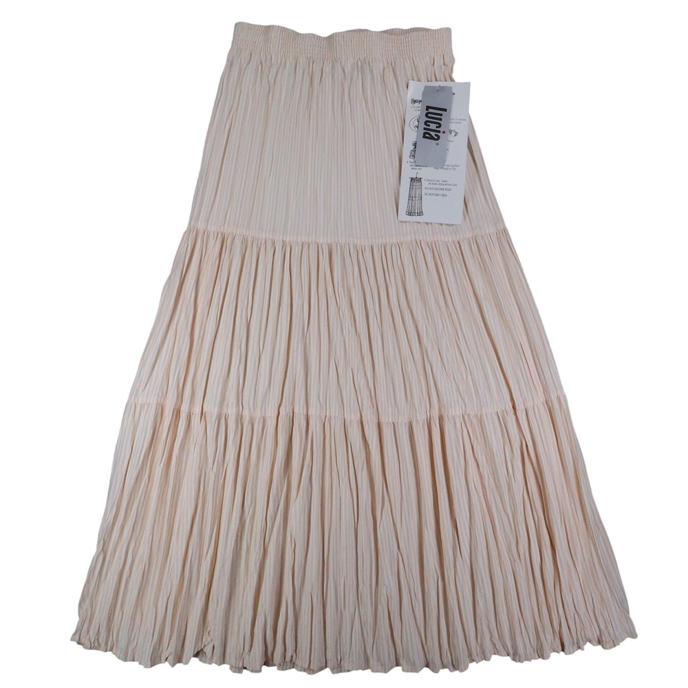 Lucia Broomstick Skirt Small Vintage 90s Peach Cream Tiered Crinkle Maxi USA NWT